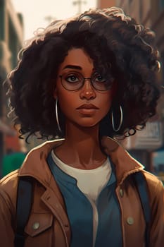 A confident African American woman of 30 years is seen on a bustling city street. (generative AI)