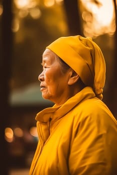 An elderly Chinese woman dressed in traditional clothes and carrying a parasol is standing in a serene garden. (generative AI)