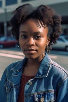 A confident African American woman of 30 years is seen on a bustling city street. (generative AI)