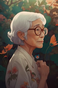 An elderly Asian woman is captured amid a serene garden. (generative AI)