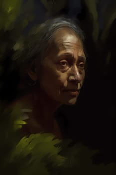 An elderly Asian woman is captured amid a serene garden. (generative AI)