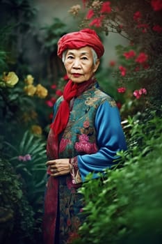 An elderly Asian woman is captured amid a serene garden. (generative AI)