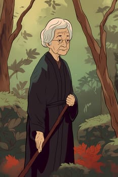 An elderly Asian woman is captured amid a serene garden. (generative AI)