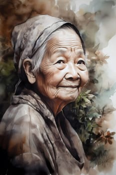 An elderly Asian woman is captured amid a serene garden. (generative AI)