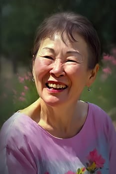 An elderly Asian woman is captured amid a serene garden. (generative AI)