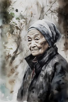 An elderly Chinese woman dressed in traditional clothes and carrying a parasol is standing in a serene garden. (generative AI)
