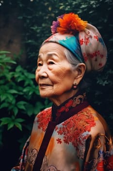 An elderly Chinese woman dressed in traditional clothes and carrying a parasol is standing in a serene garden. (generative AI)