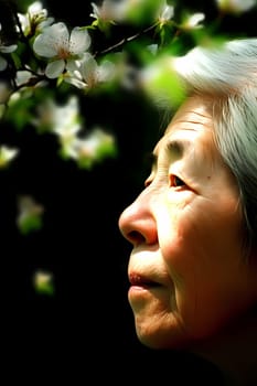 An elderly Chinese woman dressed in traditional clothes and carrying a parasol is standing in a serene garden. (generative AI)