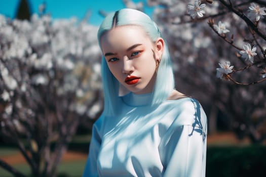 An elderly Asian woman is captured amid a serene garden. (generative AI)