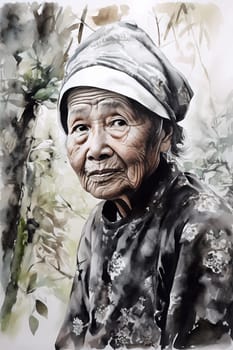 An elderly Asian woman is captured amid a serene garden. (generative AI)