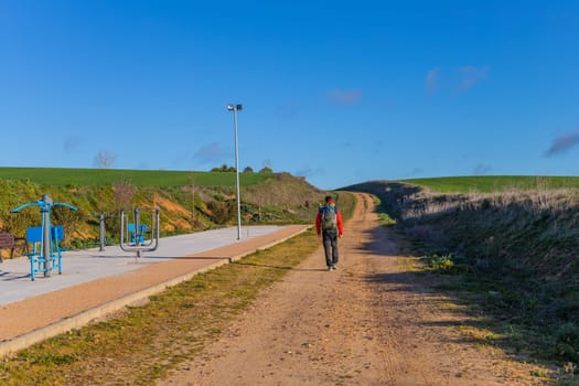Andalucia, Spain, 04 December, 2022: Pilgrim walk along the Camino De Santiago, the Way of St. James pilgrimage route, Andalucia, Spain.