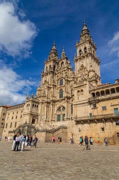Santiago de Compostela, Spain, August 25, 2022. Cathedral of Santiago and Obradoiro Square. Tourists and pilgrims