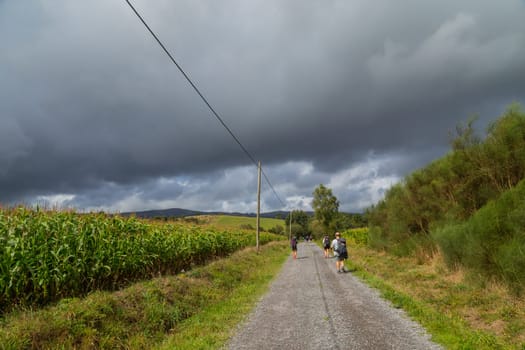 Navarre, Spain, 26 August, 2022: Pilgrims walk along the Camino De Santiago, the Way of St. James pilgrimage route, Navarra, Spain.