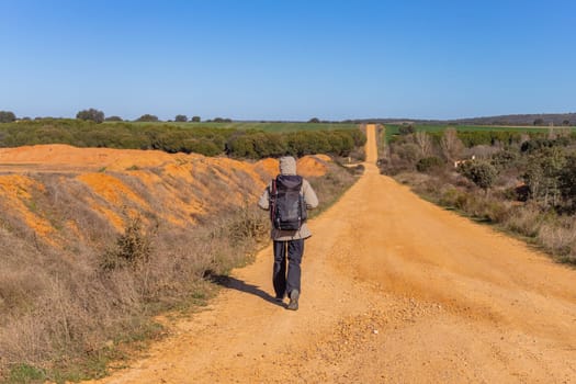 Extremadura, Spain, 27 March, 2023: Pilgrim walk along the Camino De Santiago, the Way of St. James pilgrimage route, Extremadura, Spain.