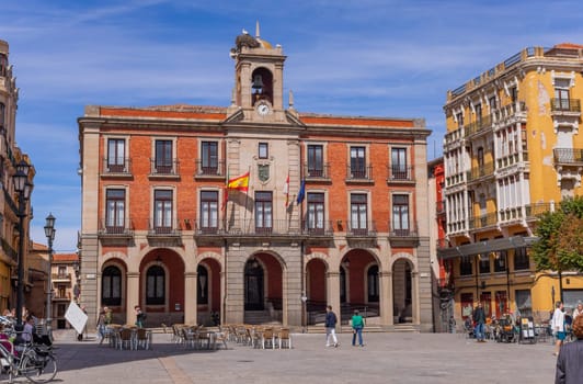 Zamora, Spain 23 March 2023: People at the Plaza Mayor near the City Hall. Zamora, Spain