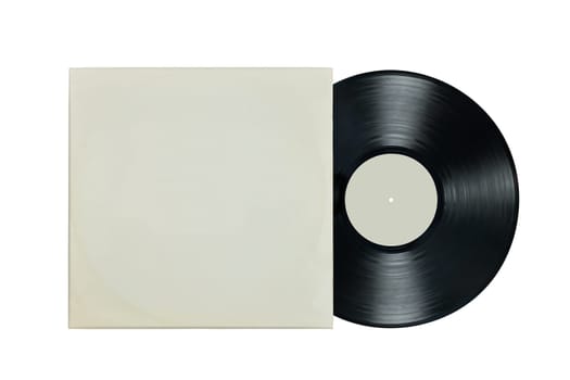 Vinyl record in white paper case. Mockup vinyl envelope. Music album sleeve. Music vintage style. Classic audio. Analog sound. Black disk. Old technology. Ready for content. Flat lay isolated on white background
