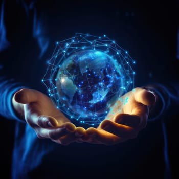 Hand holding globe with blue glowing tech icons surrounding