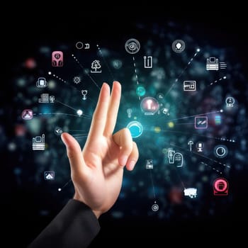 Human hand touching digital marketing icons with fingers