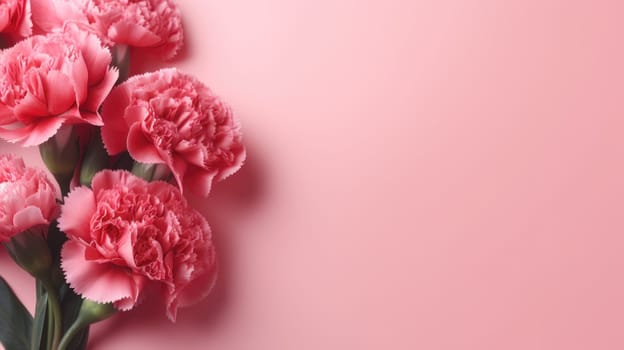 Pink carnations on a pink gradient background with copy space. Created using Generative AI and image editing software.