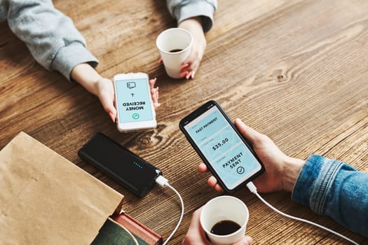 Money transfer. Online banking. People transferring money online using applications for send and receive money on smartphones. Friends making money transfers. Smartphone screen displaying money transfer confirmation. Digital wallet. Money exchange. Paying for online shopping. Fast payment system
