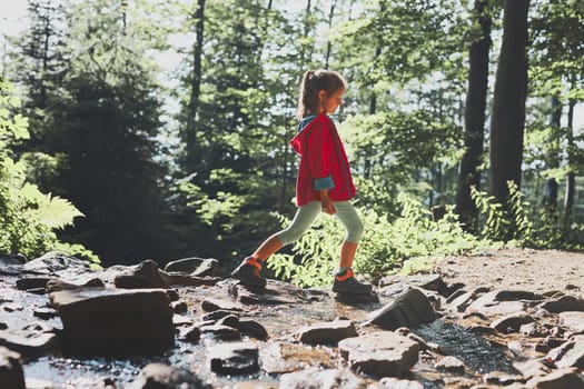 Child crossing mountain stream. Little girl walking in mountains, spending summer vacation close to nature