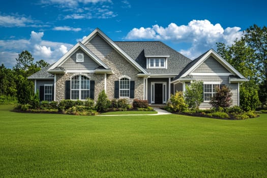 A beautiful suburban residence features a well-kept lawn and colorful plants, basking in the sunlight against a clear blue backdrop.
