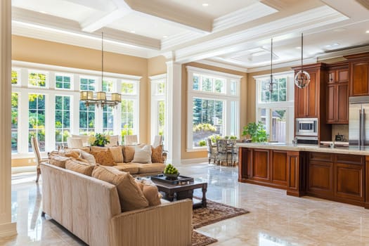 Light fills the spacious living area, showcasing stylish furniture and a sleek kitchen, creating a warm and inviting atmosphere.