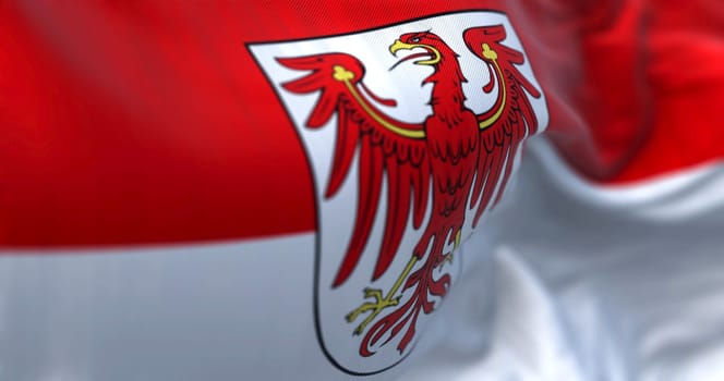 Brandenburg state flag waving in the wind. Red over white flag with red eagle coat of arms. 3d illustration render. Selective focus. Fluttering fabric. Close-up