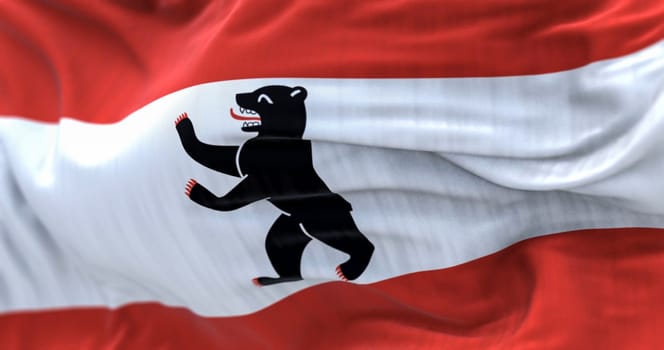 Berlin civil flag waving in the wind. Three stripes of red-white-red with a bear on the center. 3d illustration render. Selective focus. Fluttering fabric. Close-up