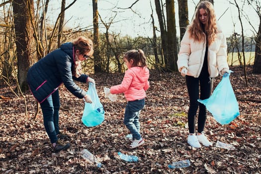 Family cleaning up a forest. Volunteers picking plastic waste to bags. Concept of plastic pollution and too many plastic waste. Environmental issue. Environmental damage. Responsibilitiy for environment. Real people, authentic situations