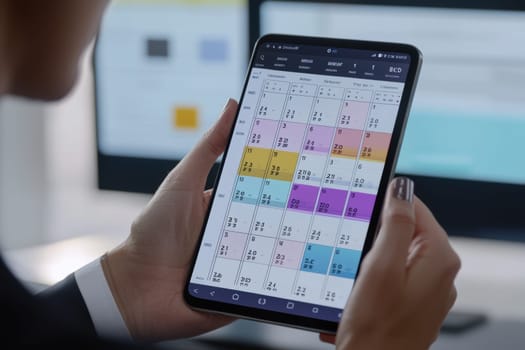 A person uses a colorful digital calendar on a tablet to organize their schedule in a stylish office, showcasing productivity.
