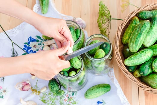 Pickling the cucumbers with home garden vegetables and herbs, fresh vegetables picked straight from field, collected on wooden table outdoors. View from above