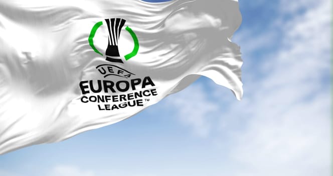 Prague, CZ, Apr. 2023: UEFA Europa Conference League flag waving. Europa Conference League is an annual football club competition for european clubs. illustrative editorial 3D illustration render