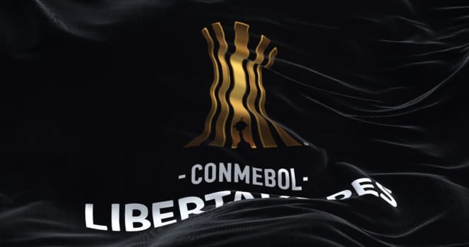 Buenos Aires, ARG, Sept 2022: CONMEBOL Libertadores flag waving on a clear day. South American football competition organized annually by CONMEBOL. Illustrative editorial 3d illustration render