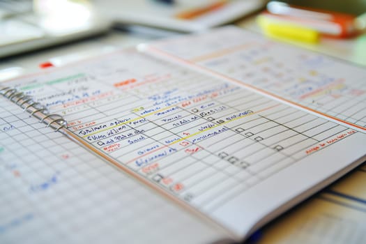 Bright notes and creative sketches fill the pages of a planner, showcasing effective study habits and preparation for upcoming tasks.