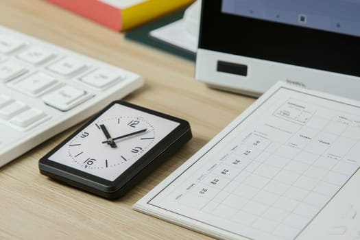 Modern workspace showcases a stylish clock and a detailed calendar beside a sleek computer setup, creating a productive atmosphere.