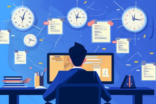 A dedicated worker engages with a computer, encircled by various clocks and documents, embodying a dynamic workspace atmosphere.