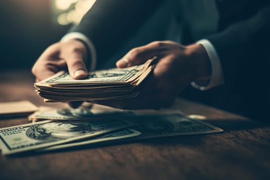 Warm light spills onto a wooden table as hands transfer thick bundles of cash, symbolizing a crucial business transaction.