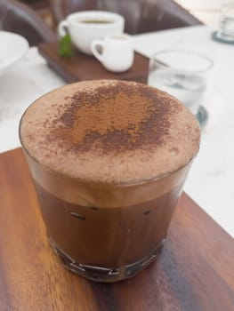 Dark chocolate latte in glass refreshment beverage drink, stock photo