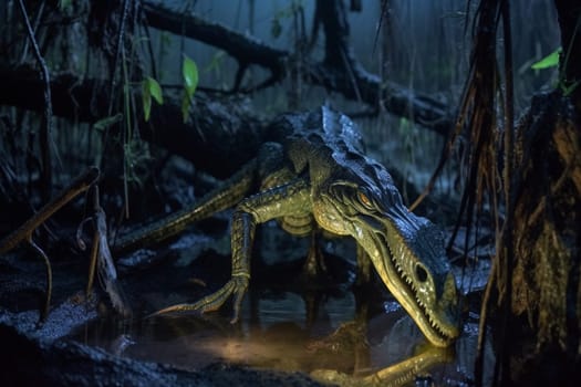 The basilisk is a legendary serpent that is said to have the power to turn people to stone with a single glance. This creature can be seen slithering through a dark and dangerous swamp, its eyes glowing with a menacing light. The swamp colors and eerie lighting create a creepy and unsettling atmosphere. (generative AI)