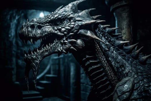 The basilisk is a legendary creature that can turn its victims to stone with its gaze. This fearsome and dangerous animal can be seen slithering through a dark dungeon with its piercing eyes, creating a moody and gothic scene that is both thrilling and terrifying. (generative AI)