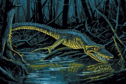 The basilisk is a legendary serpent that is said to have the power to turn people to stone with a single glance. This creature can be seen slithering through a dark and dangerous swamp, its eyes glowing with a menacing light. The swamp colors and eerie lighting create a creepy and unsettling atmosphere. (generative AI)