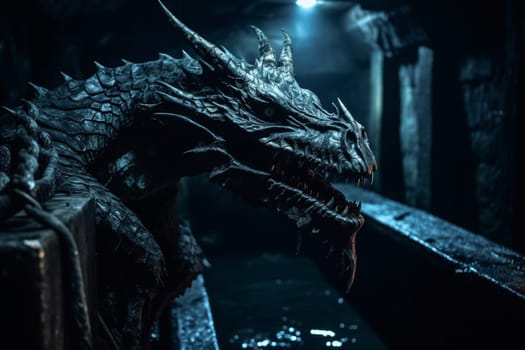 The basilisk is a legendary creature that can turn its victims to stone with its gaze. This fearsome and dangerous animal can be seen slithering through a dark dungeon with its piercing eyes, creating a moody and gothic scene that is both thrilling and terrifying. (generative AI)
