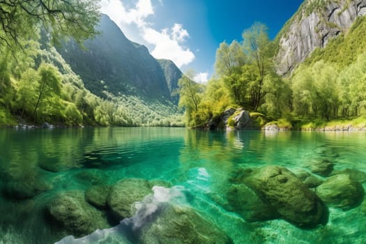 The dramatic fjord, surrounded by towering mountains, reveals a breathtaking scene of crystal-clear waters and lush greenery to the adventurous traveler. The panoramic view of the fjord displays the majesty of the landscape, immersing the viewer in its beauty. (generative AI)