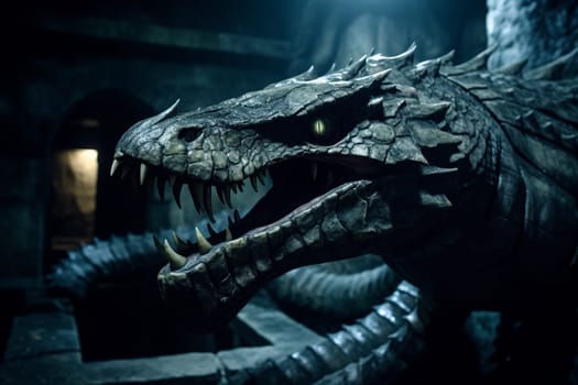 The basilisk is a legendary creature that can turn its victims to stone with its gaze. This fearsome and dangerous animal can be seen slithering through a dark dungeon with its piercing eyes, creating a moody and gothic scene that is both thrilling and terrifying. (generative AI)