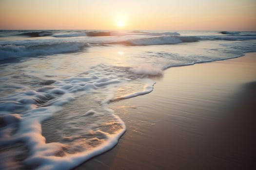 This serene beach is a tranquil haven. The peaceful sunrise and calm waves evoke a sense of calm and tranquility, making this scene perfect for a restful escape from the busy world. The soft tones and low contrast add to the sense of relaxation and make this scene particularly conducive to sunrise photography. (generative AI)