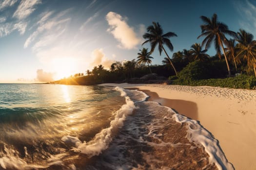 As the sun slowly sets behind the horizon, the warm tones of the sky accentuate the beauty of the tropical beach. The crystal-clear water invites you to take a dip, while the swaying palm trees provide a natural canopy of shade.  (generative AI)