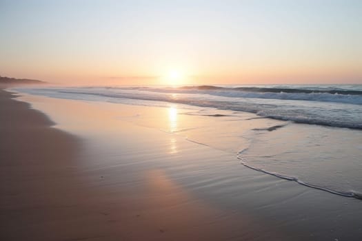 This serene beach is a tranquil haven. The peaceful sunrise and calm waves evoke a sense of calm and tranquility, making this scene perfect for a restful escape from the busy world. The soft tones and low contrast add to the sense of relaxation and make this scene particularly conducive to sunrise photography. (generative AI)