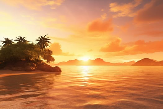 As the sun dips below the horizon, the warm colors of the tropical sky create a truly breathtaking sunset scene. The soft, gentle breeze provides a calming backdrop for this serene and beautiful island sunset. (generative AI)