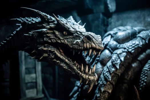 The basilisk is a legendary creature that can turn its victims to stone with its gaze. This fearsome and dangerous animal can be seen slithering through a dark dungeon with its piercing eyes, creating a moody and gothic scene that is both thrilling and terrifying. (generative AI)